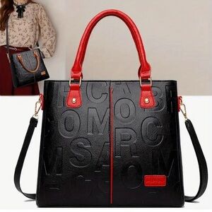Perfect Lily Black Embossed Letter Tote Bag Red Handle Crossbody NIP